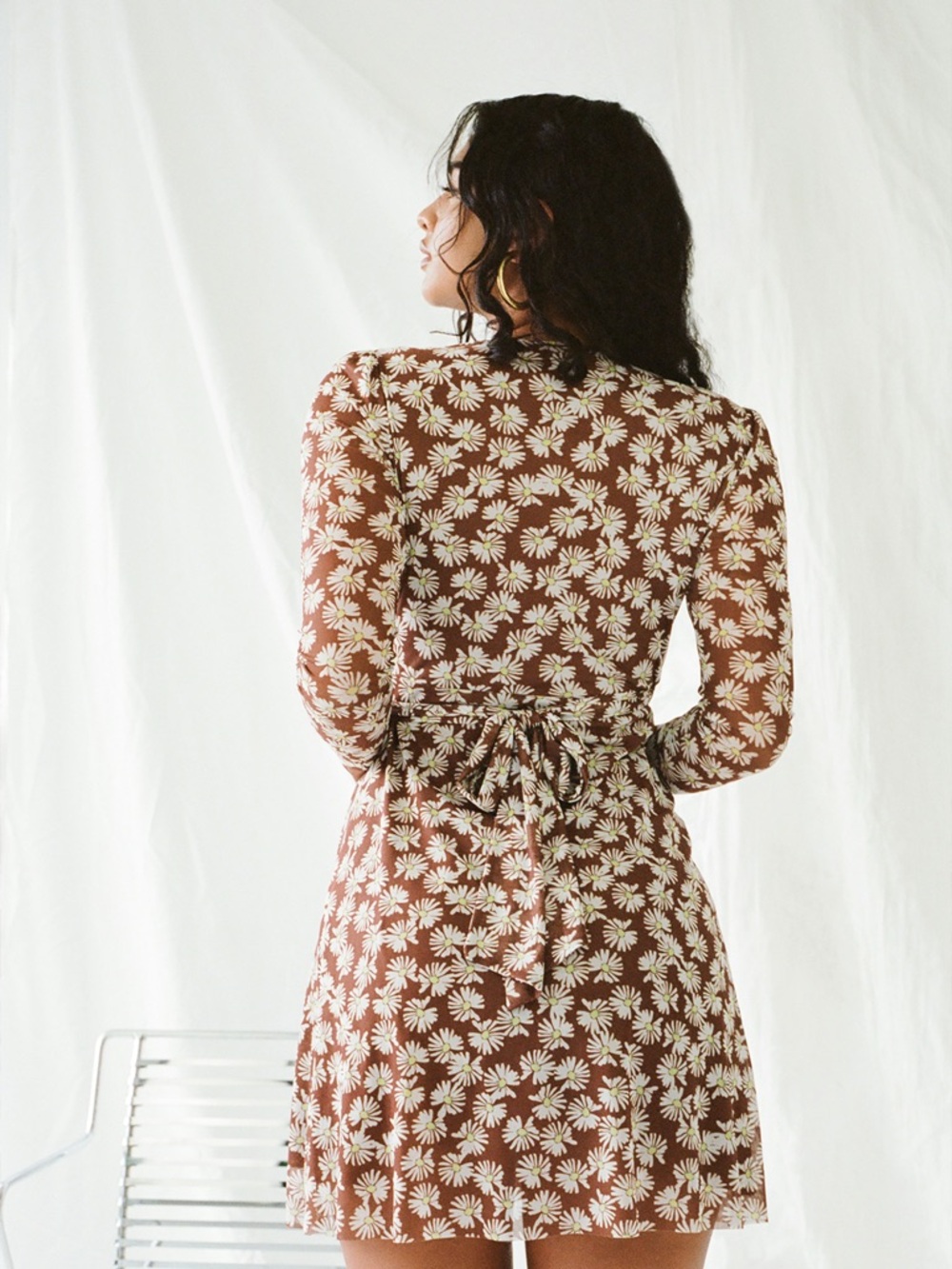 Brown Floral Daisy Print Wrap Dress - Picture 2 of 6